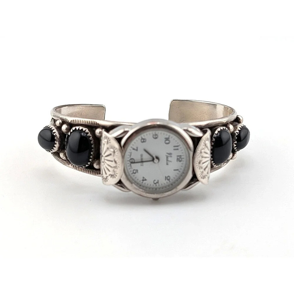 Vintage Navajo Jet Black Stone Cuff Bracelet Handmade Watch Accessory Sz 6.5 **